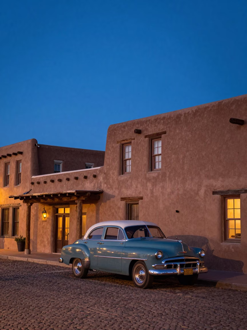Twilight Street Scene in Santa Fe New Mexico with Adobe Architecture and Vintage Car in in Santa Fe, New Mexico, United States
