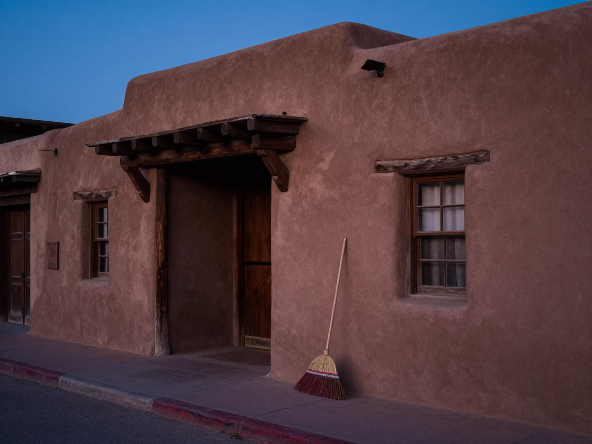 Twilight Street Scene in Santa Fe New Mexico with Hand Broom and Adobe Architecture in in Santa Fe, New Mexico, United States
