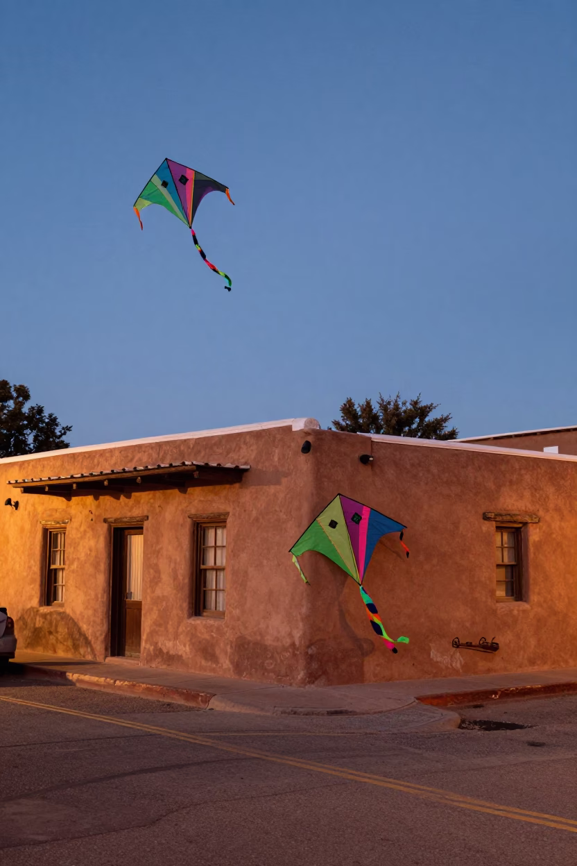 Twilight Street Scene in Santa Fe New Mexico with Kites and Traditional Architecture in in Santa Fe, New Mexico, United States
