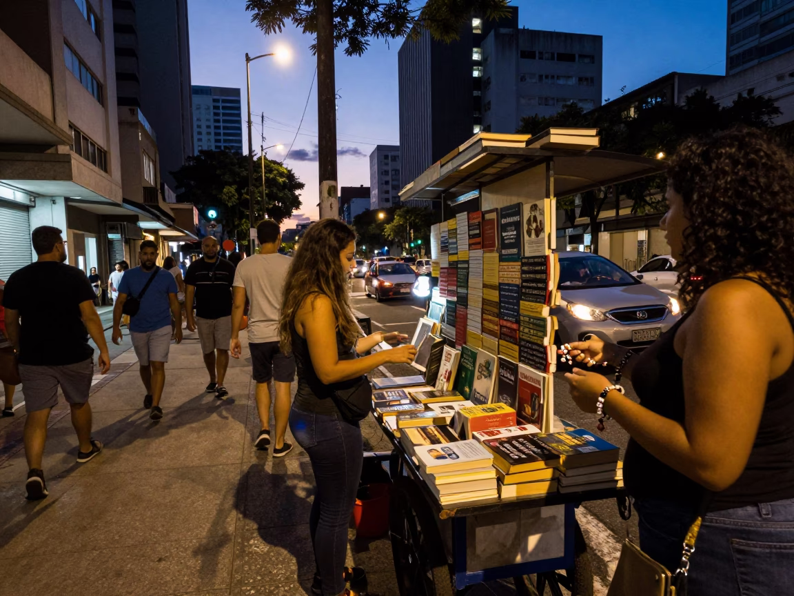Twilight Street Scene in São Paulo Brazil with Books and Local Life in in São Paulo, Brazil