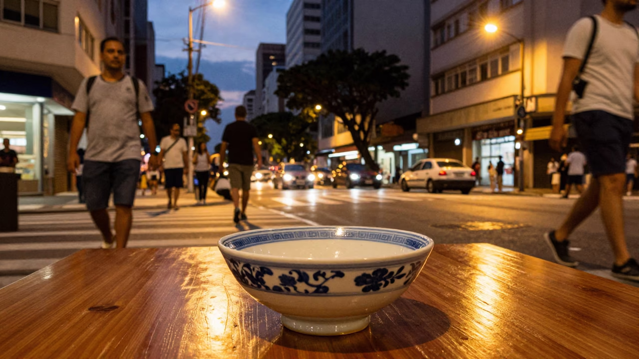 Twilight Street Scene in São Paulo Brazil with Ceramic Bowl of Japanese Sencha in in São Paulo, Brazil