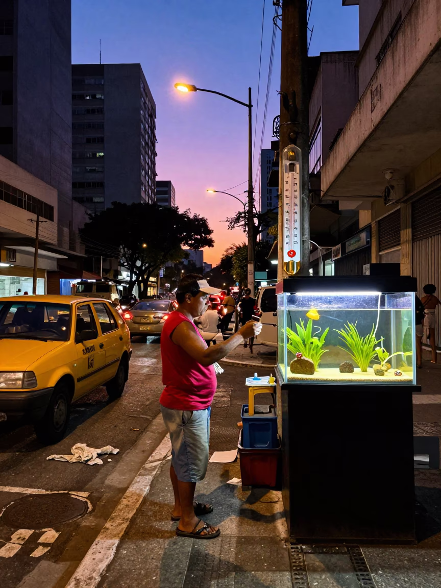 Twilight Street Scene in São Paulo Brazil with Thermometer and Classroom Aquarium Bubble in in São Paulo, Brazil