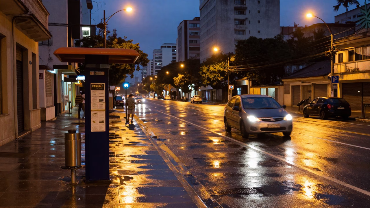 Twilight Street Scene in São Paulo Brazil with Valet Stand and Headlight Streaks in in São Paulo, Brazil