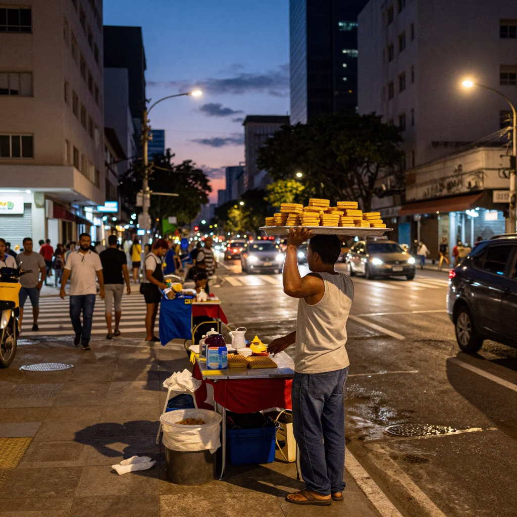 Twilight Street Scene in São Paulo Brazil with Vendors and Urban Life in in São Paulo, Brazil