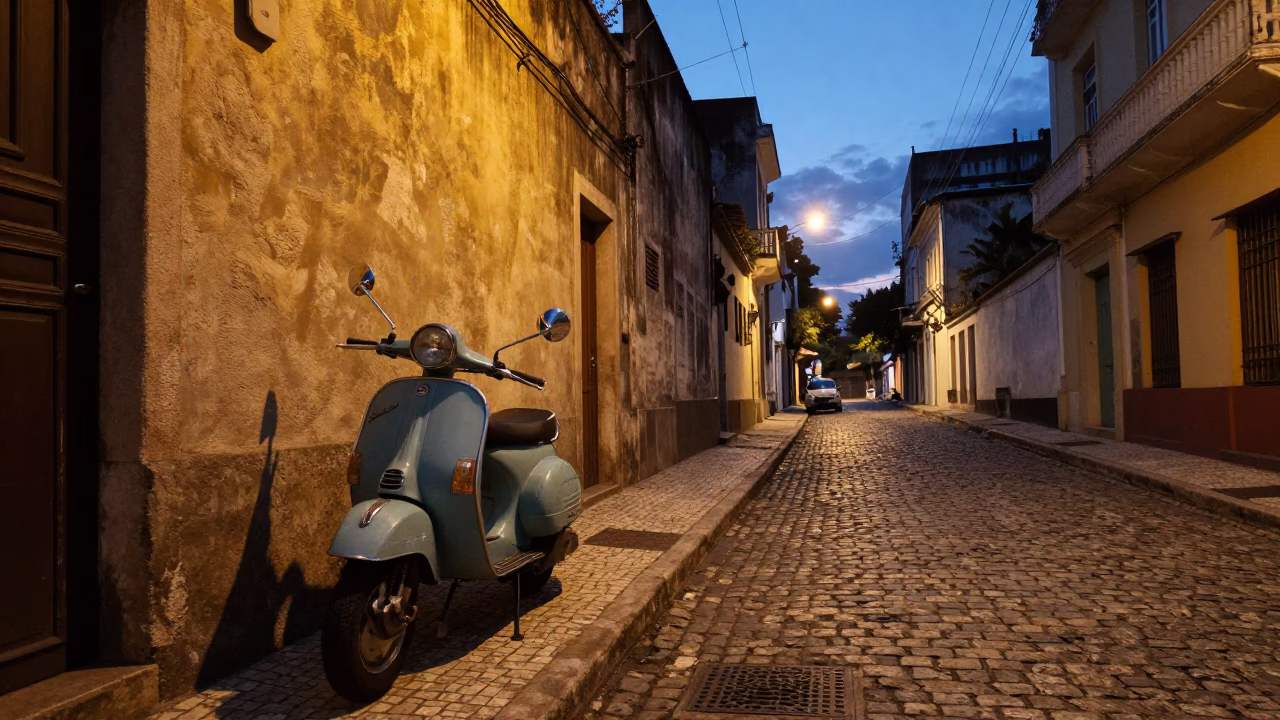 Twilight Street Scene in São Paulo Brazil with Vintage Vespa and Cobblestone Lane in in São Paulo, Brazil