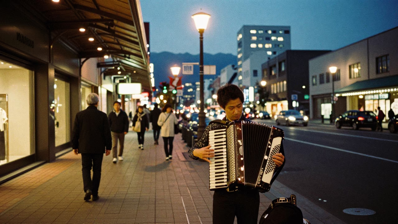 Twilight Street Scene in Sapporo Japan with Accordion Player and Local Passersby in in Sapporo, Japan