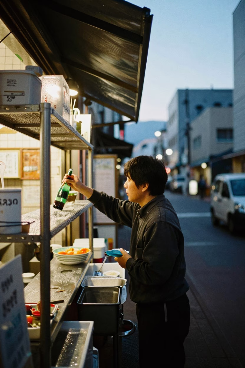 Twilight Street Scene in Sapporo Japan with Condensation on Metal Shelf Bracket in in Sapporo, Japan