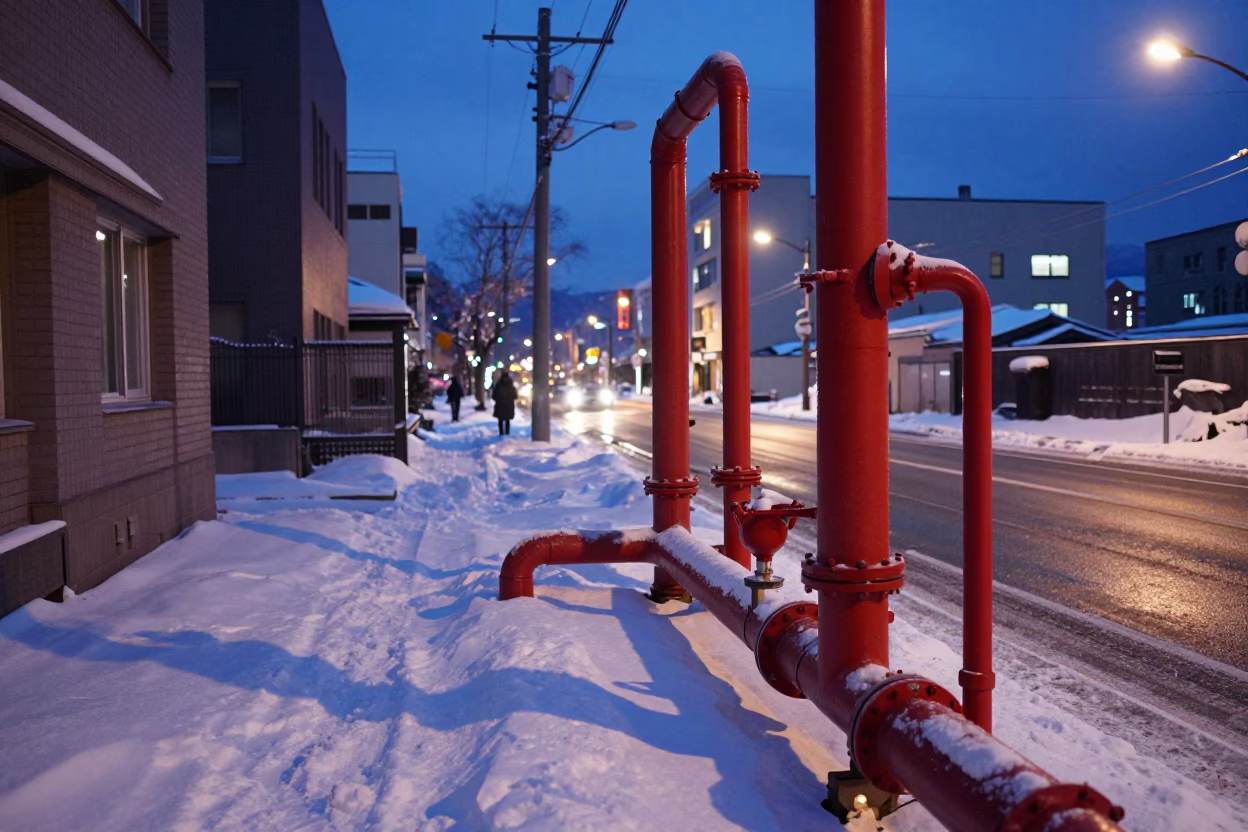 Twilight street scene in Sapporo Japan with district heating pipes and local pedestrians in in Sapporo, Japan