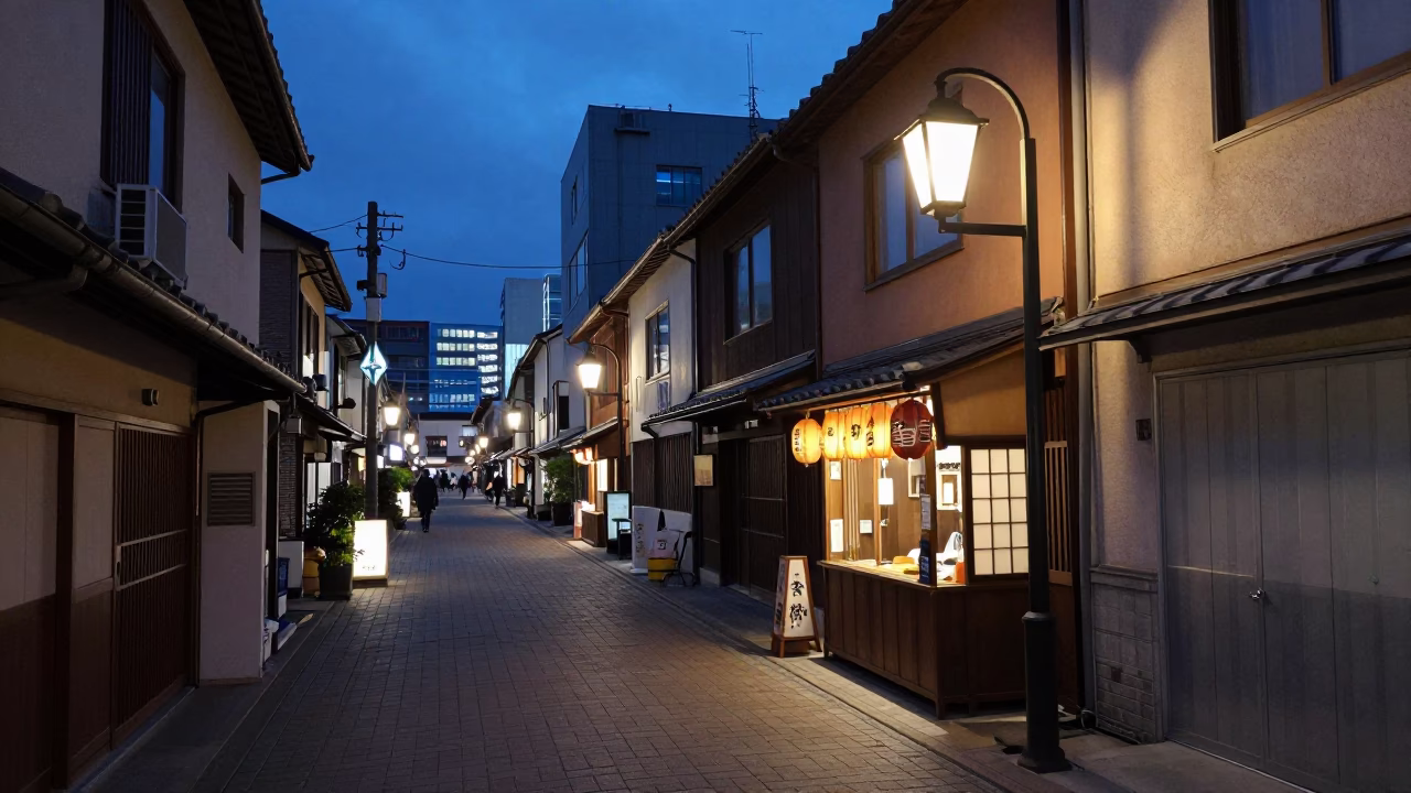 Twilight Street Scene in Sapporo Japan with Hammered Metal Lantern and Ceramic Mugs in in Sapporo, Japan