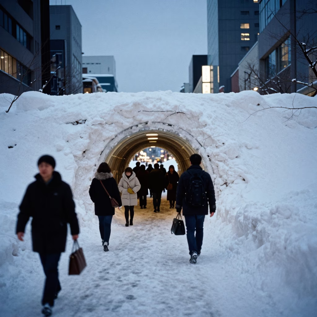 Twilight street scene in Sapporo Japan with snow tunnel portal and sodium lamps in in Sapporo, Japan