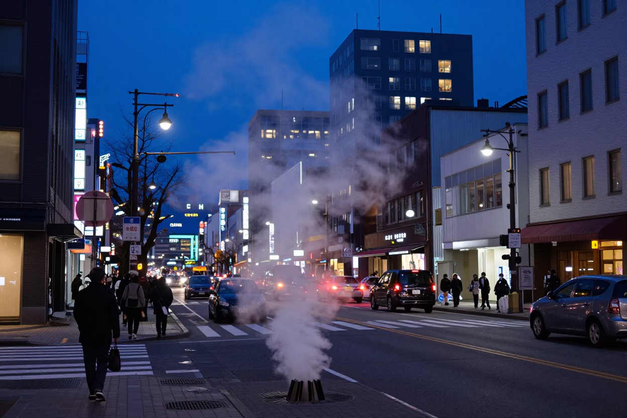 Twilight Street Scene in Sapporo Japan with Steam and Urban Life in in Sapporo, Japan