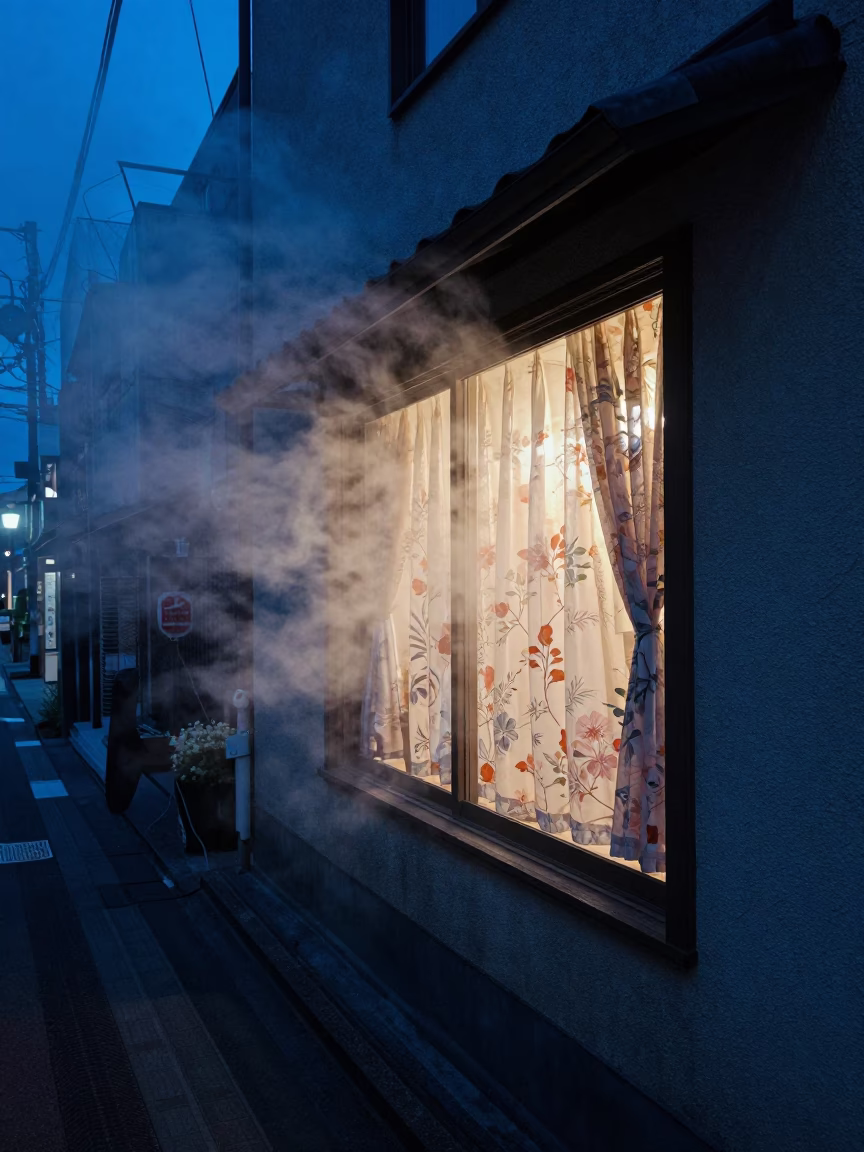 Twilight Street Scene in Sapporo Japan with Steam Haze and Window Curtains in in Sapporo, Japan
