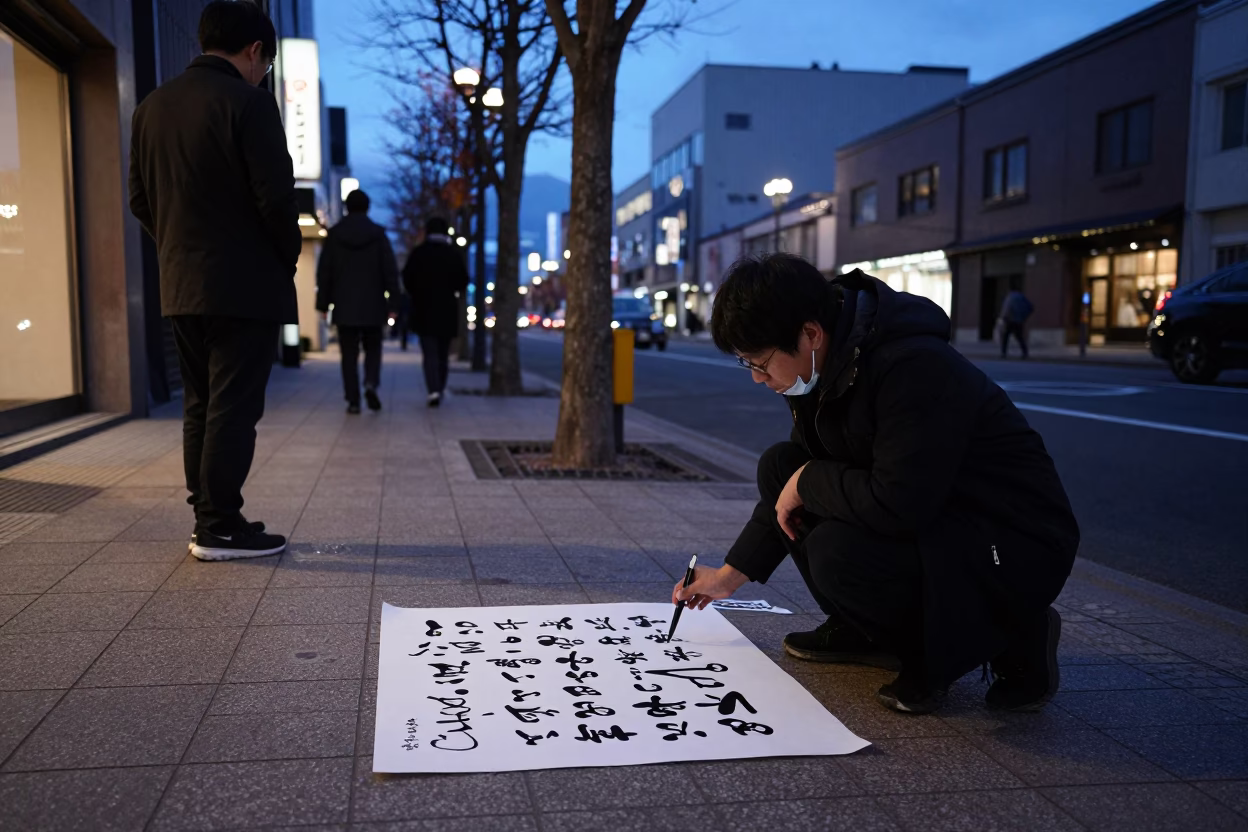 Twilight Street Scene in Sapporo Japan with Traditional Calligraphy Demonstration in in Sapporo, Japan