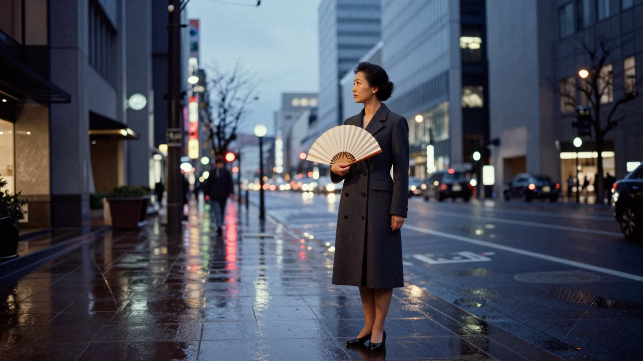 Twilight Street Scene in Sapporo Japan with Traditional Paper Fan in in Sapporo, Japan