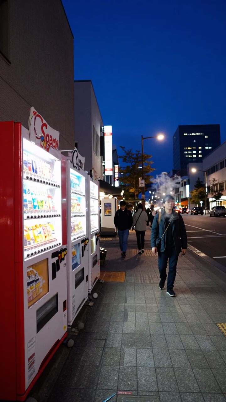 Twilight street scene in Sapporo Japan with vending machines and urban life in in Sapporo, Japan
