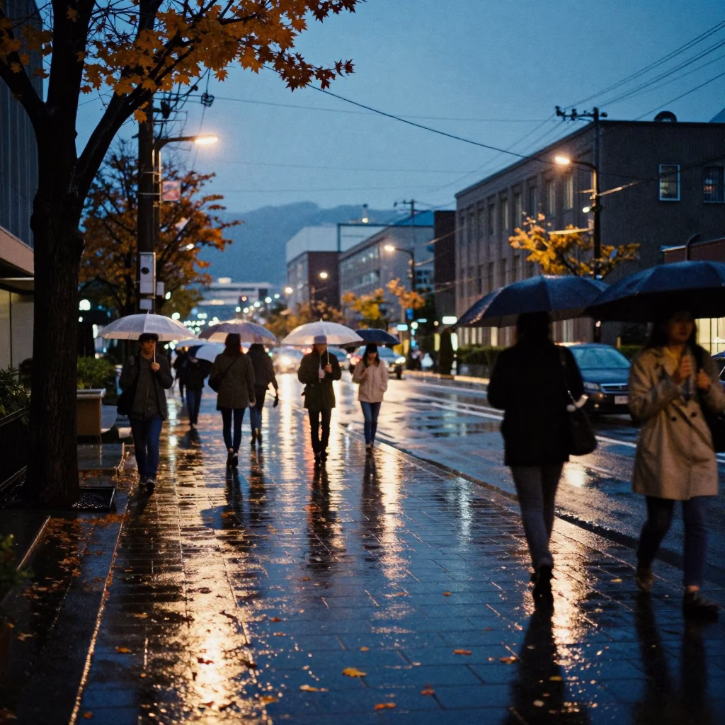 Twilight Street Scene in Sapporo Japan with Wet Leaves and University Arcade Columns in in Sapporo, Japan