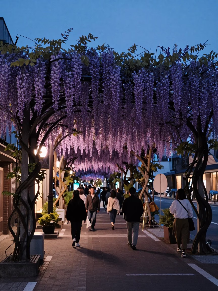 Twilight Street Scene in Sapporo Japan with Wisteria Tunnel and Local Commuters in in Sapporo, Japan
