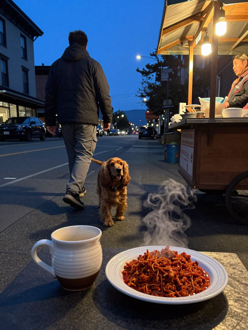 Twilight Street Scene in Seattle Washington Featuring Ceramic Cup and Cocker Spaniel in in Seattle, Washington, United States