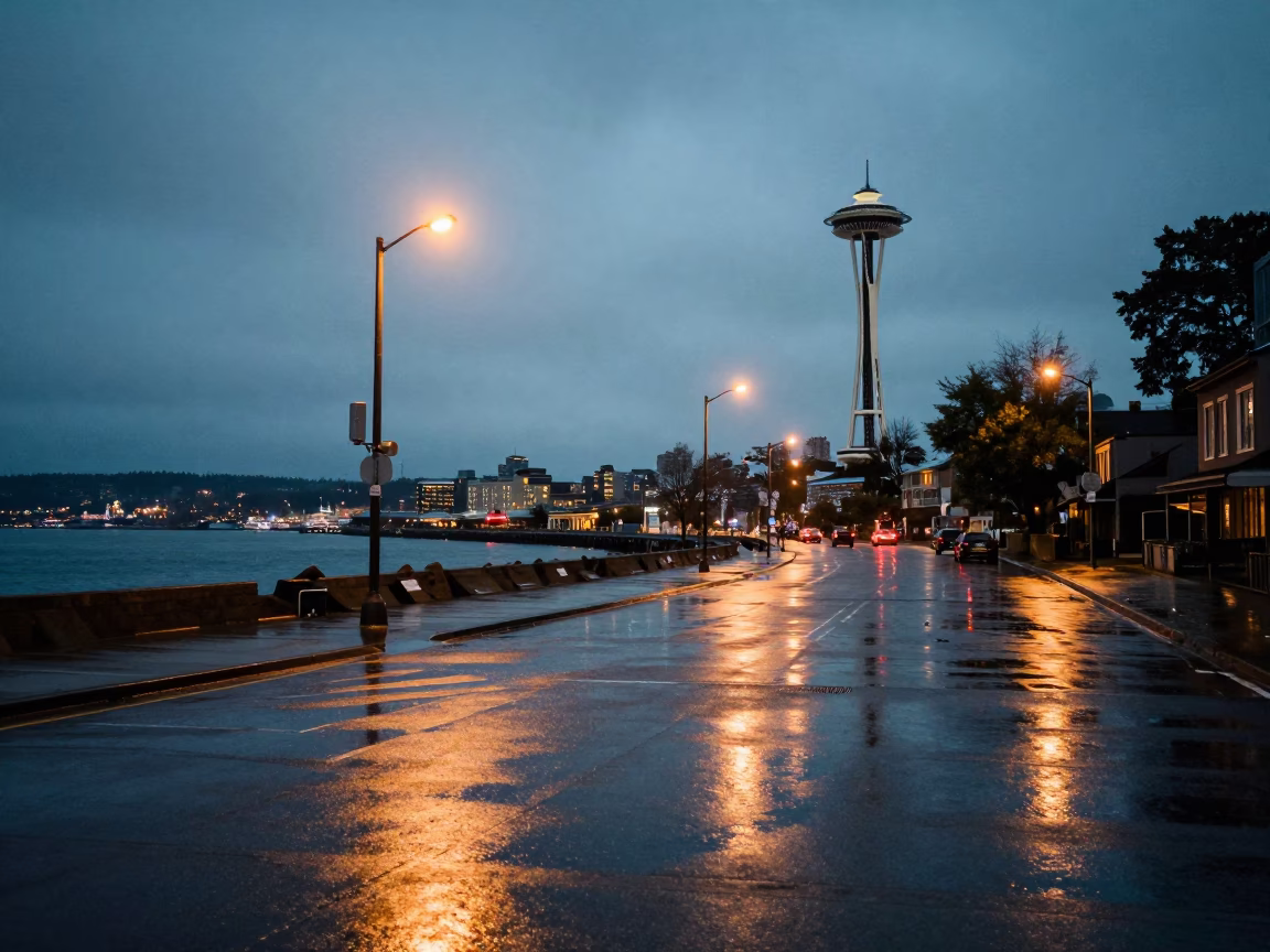 Twilight Street Scene in Seattle Washington with Coastal Breakwater and Warning Beacons in in Seattle, Washington, United States