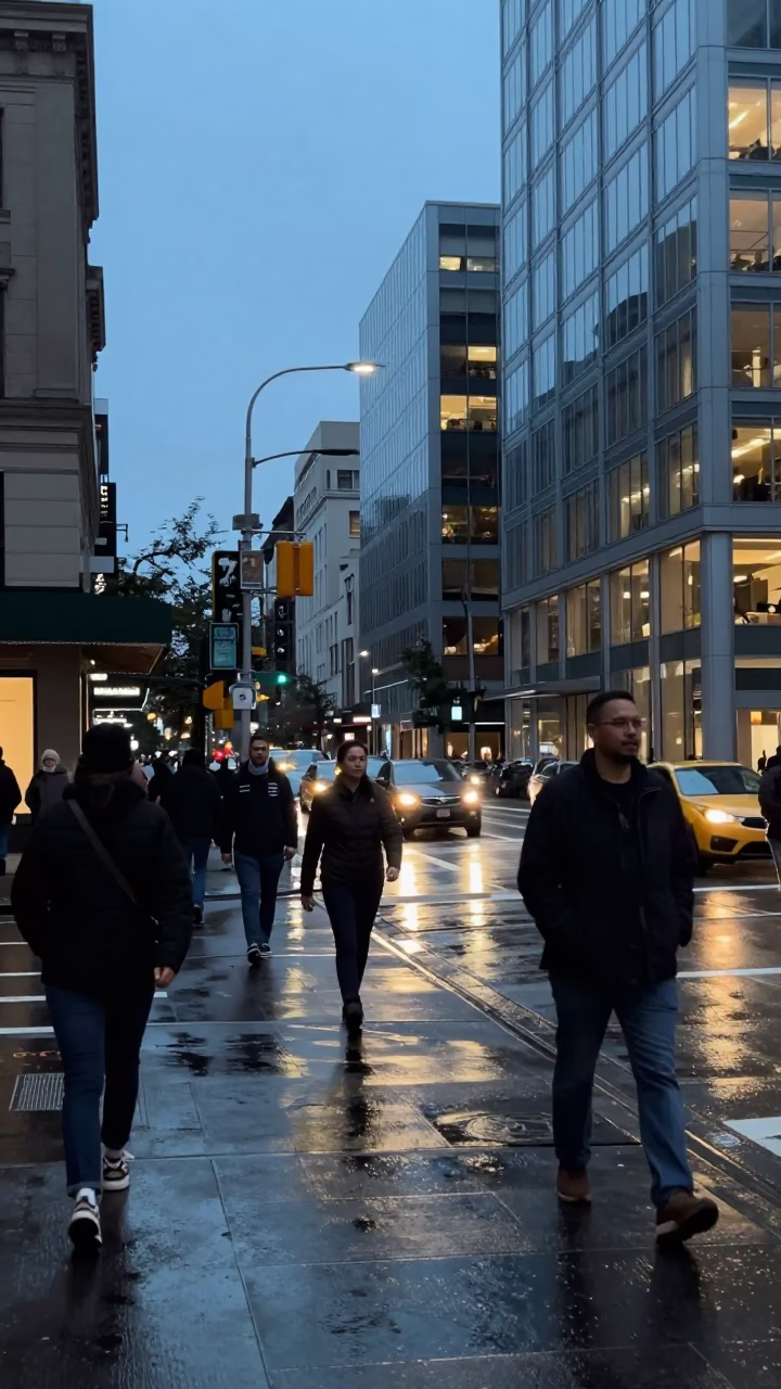 Twilight Street Scene in Seattle Washington with Diverse Pedestrians and Urban Architecture in in Seattle, Washington, United States