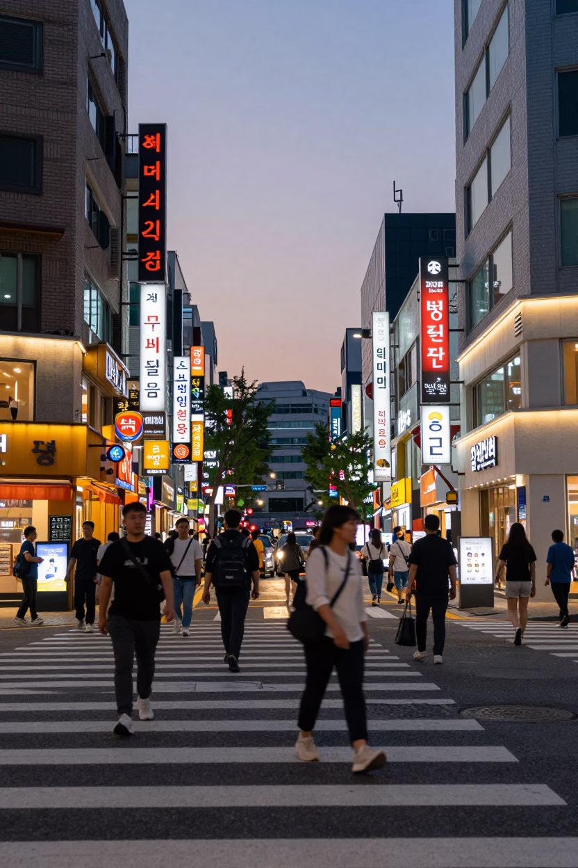 Twilight Street Scene in Seoul South Korea with Neon Lights and Urban Life in in Seoul, South Korea