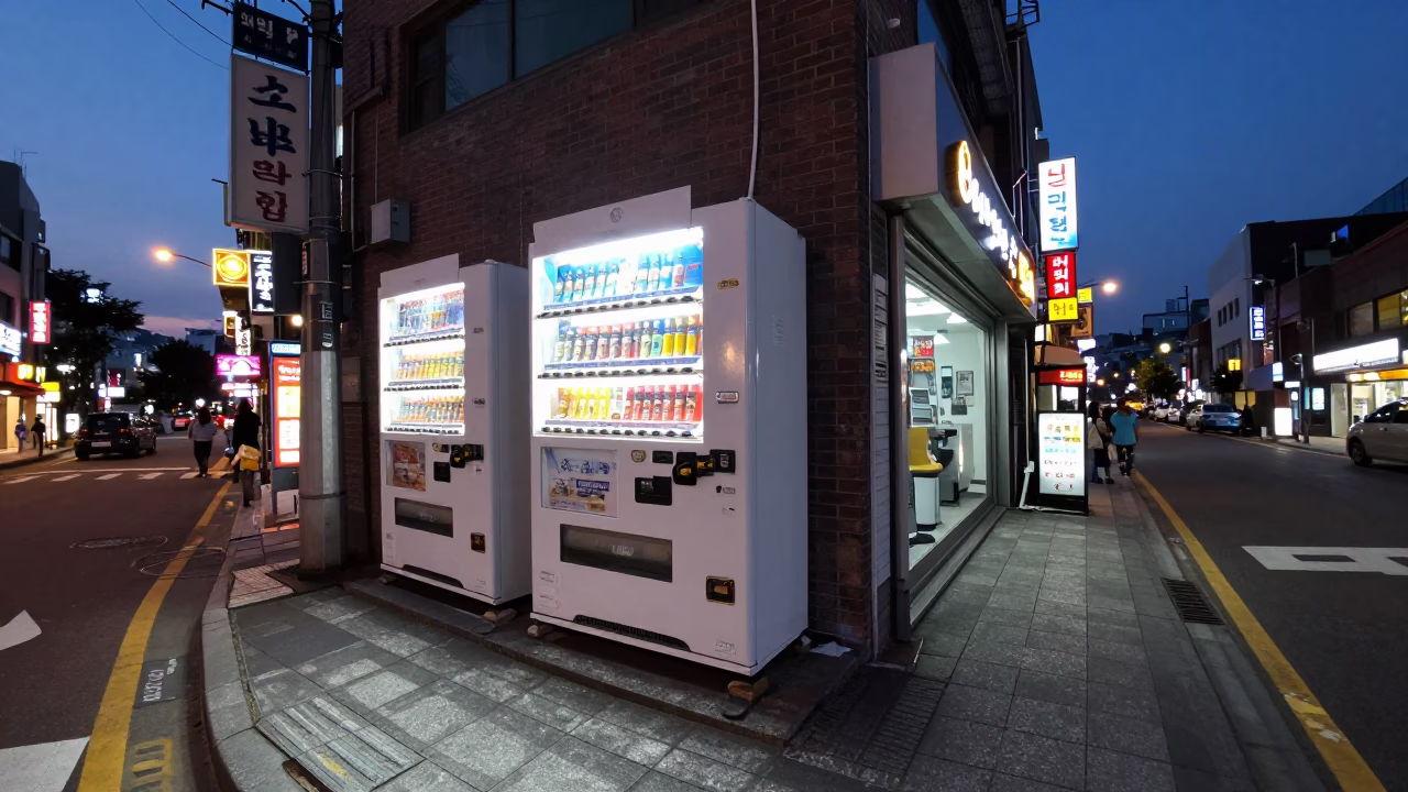 Twilight street scene in Seoul South Korea with vending machines and urban life in in Seoul, South Korea