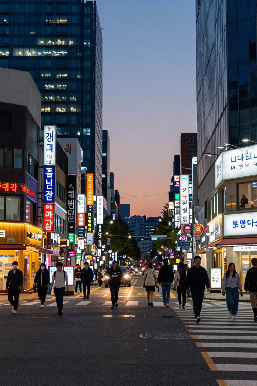 Twilight street scene in Seoul with commuters and neon lights in in Seoul, South Korea