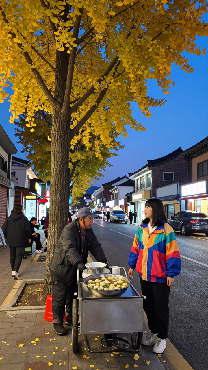 Twilight Street Scene in Seoul with Wonton Soup and Ginkgo Leaves in in Seoul, South Korea