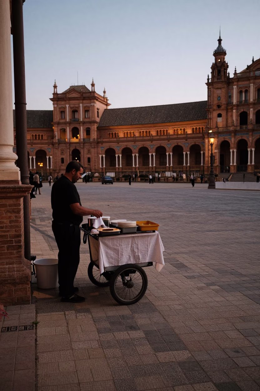 Twilight Street Scene in Seville Spain with Biscuit Tin and Linen Fringe Details in in Seville, Spain