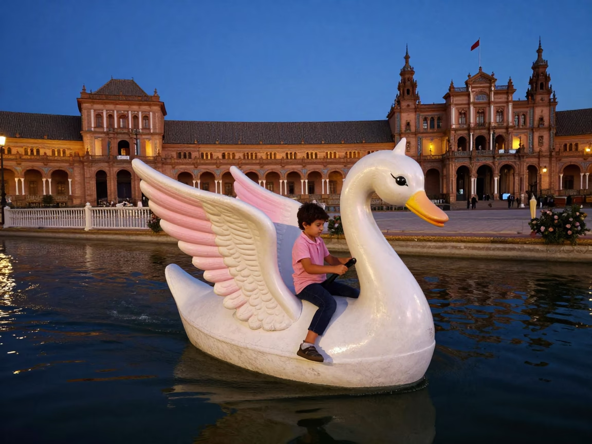 Twilight Street Scene in Seville Spain with Child on Swan Pedal Boat in in Seville, Spain