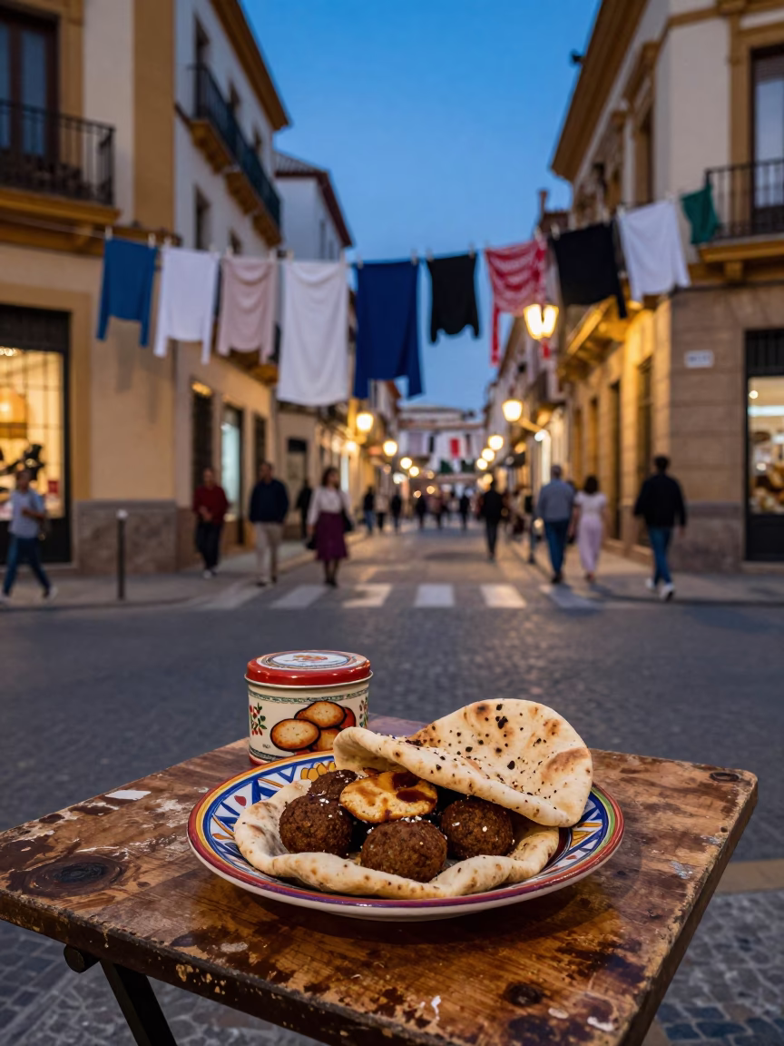 Twilight Street Scene in Seville Spain with Drying Laundry and Biscuit Tin in in Seville, Spain
