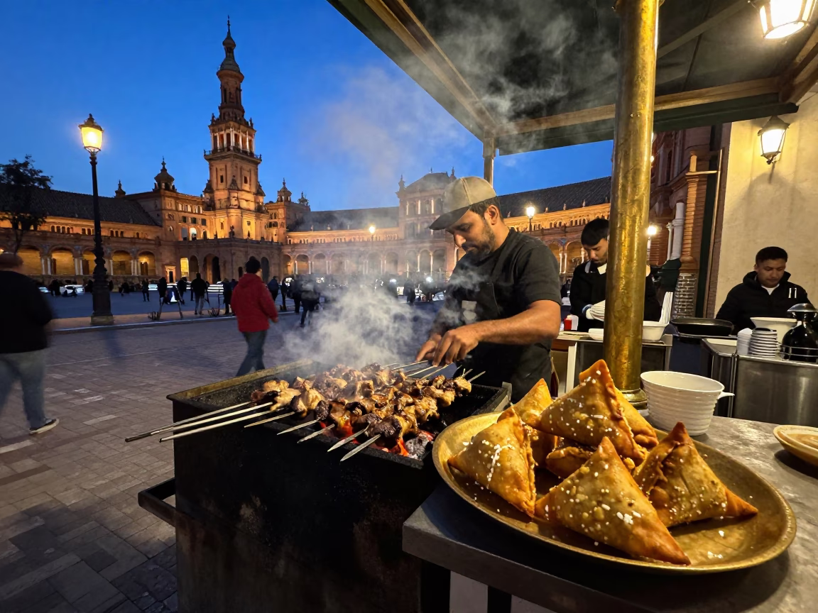 Twilight Street Scene in Seville Spain with Grilling Kebab and Brass Plate in in Seville, Spain
