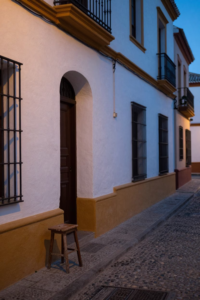 Twilight Street Scene in Seville Spain with Local Kitchen Stool and Porcelain Details in in Seville, Spain