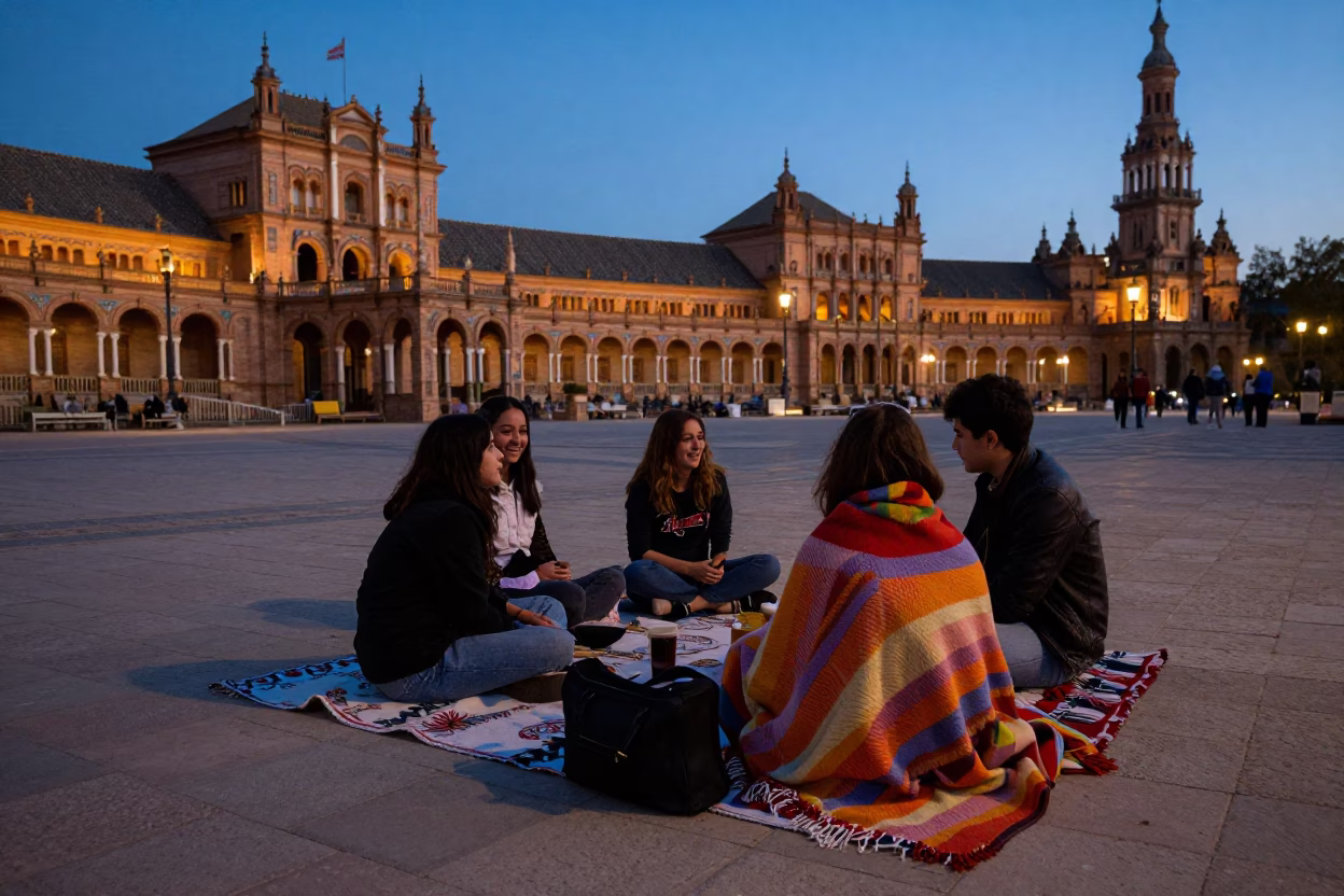 Twilight street scene in Seville Spain with locals sharing blankets and postcards in in Seville, Spain