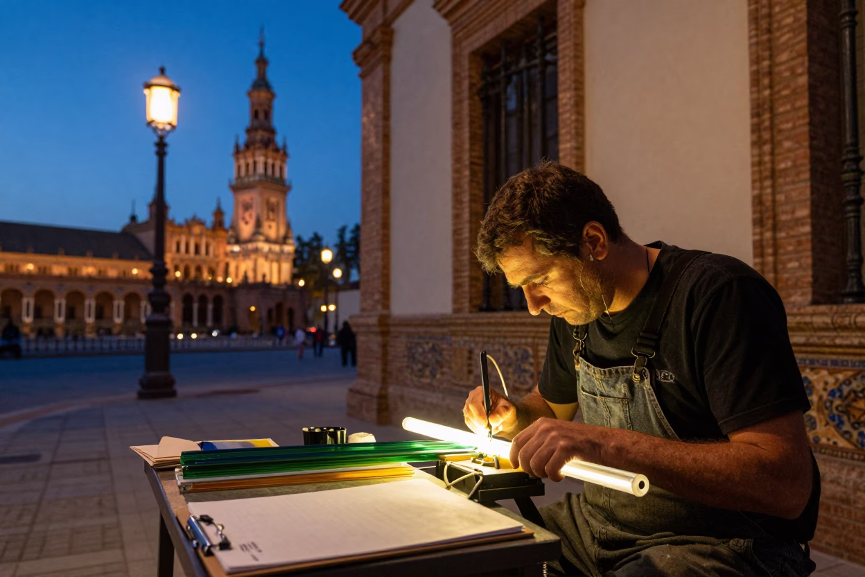 Twilight Street Scene in Seville Spain with Neon Sign Maker and Clipboard in in Seville, Spain