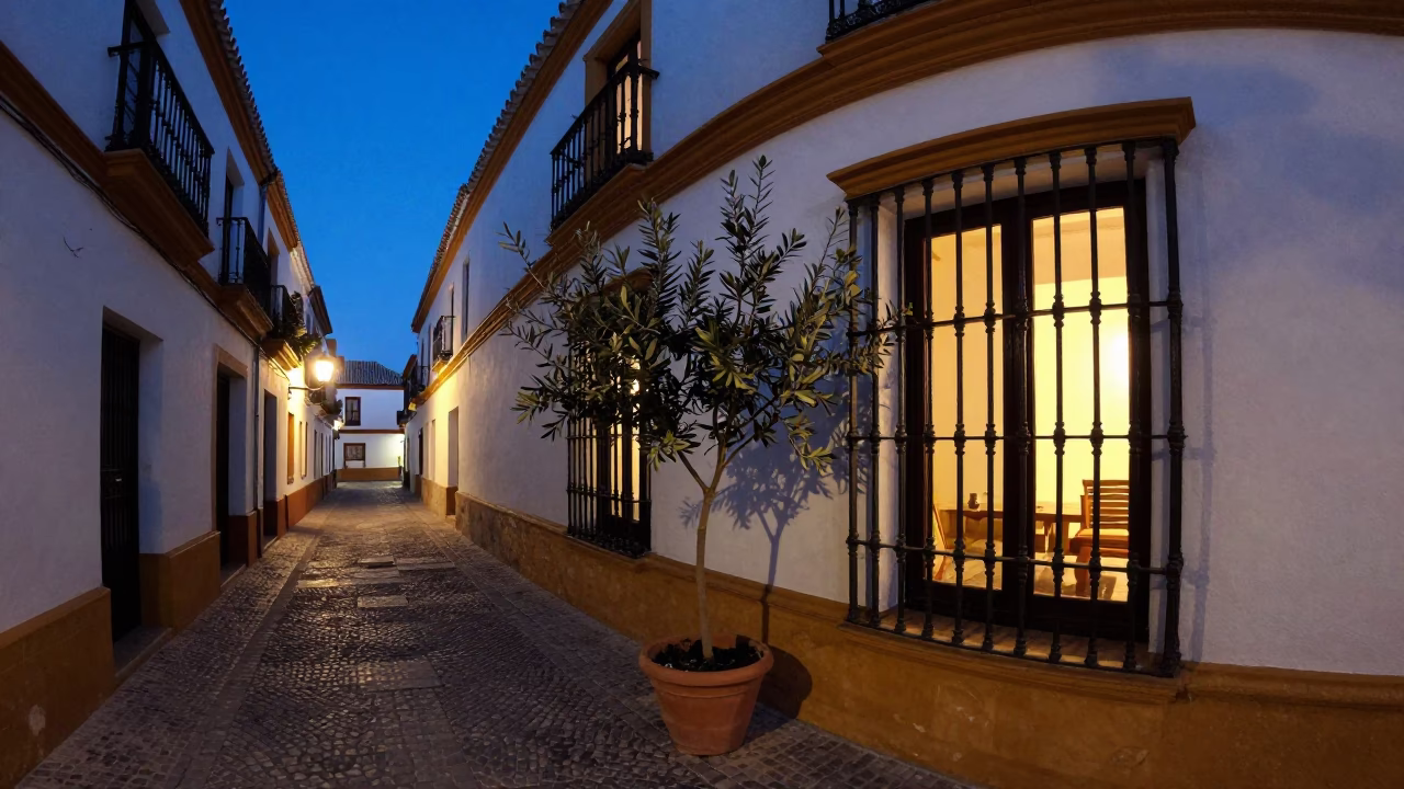 Twilight Street Scene in Seville Spain with Olive Branch and Traditional Architecture in in Seville, Spain