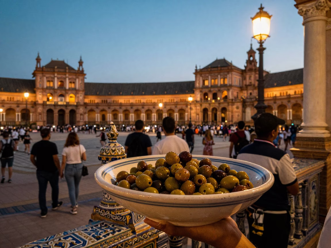 Twilight Street Scene in Seville Spain with Olive Dish and Urban Architecture in in Seville, Spain