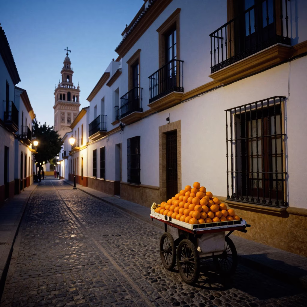 Twilight Street Scene in Seville Spain with Oranges and Traditional Architecture in in Seville, Spain