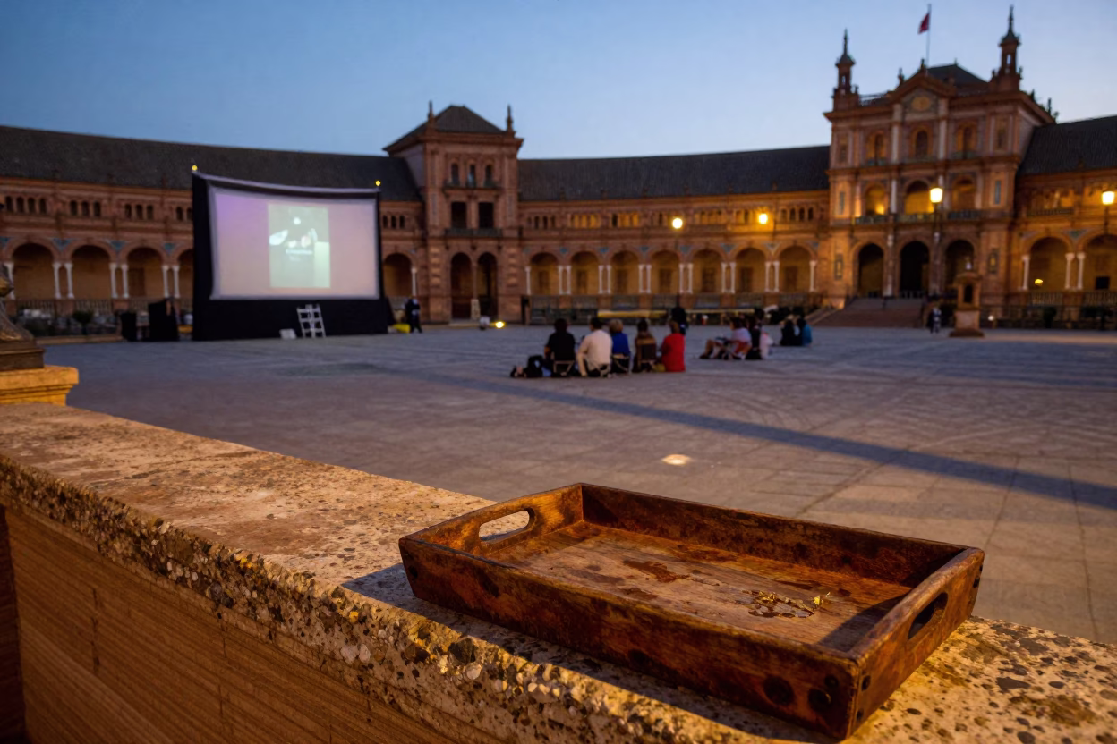 Twilight Street Scene in Seville Spain with Outdoor Cinema and Rusty Shelf in in Seville, Spain