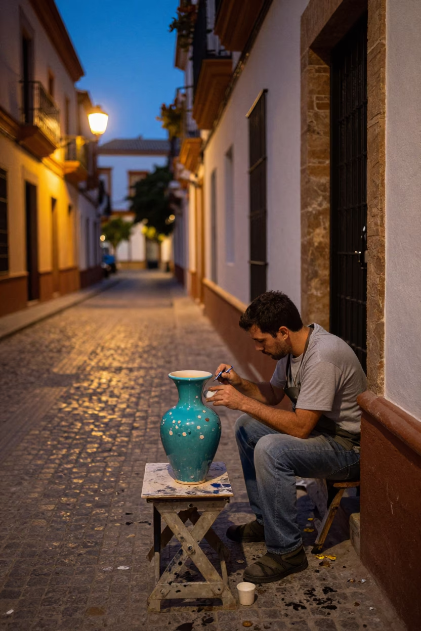 Twilight Street Scene in Seville Spain with Paint Flecks on Ceramic Tile in in Seville, Spain