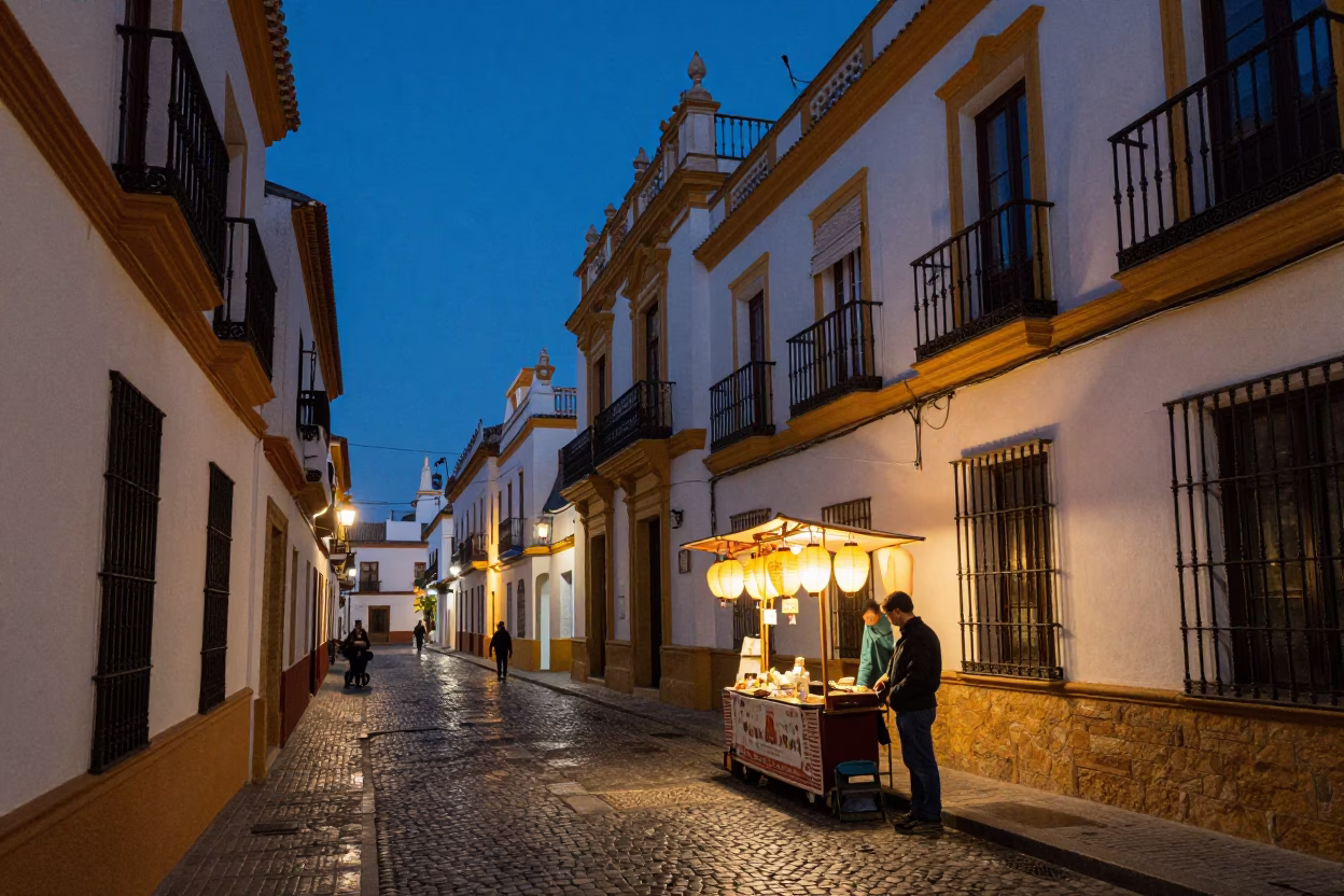 Twilight Street Scene in Seville Spain with Paper Lanterns and Urban Architecture in in Seville, Spain