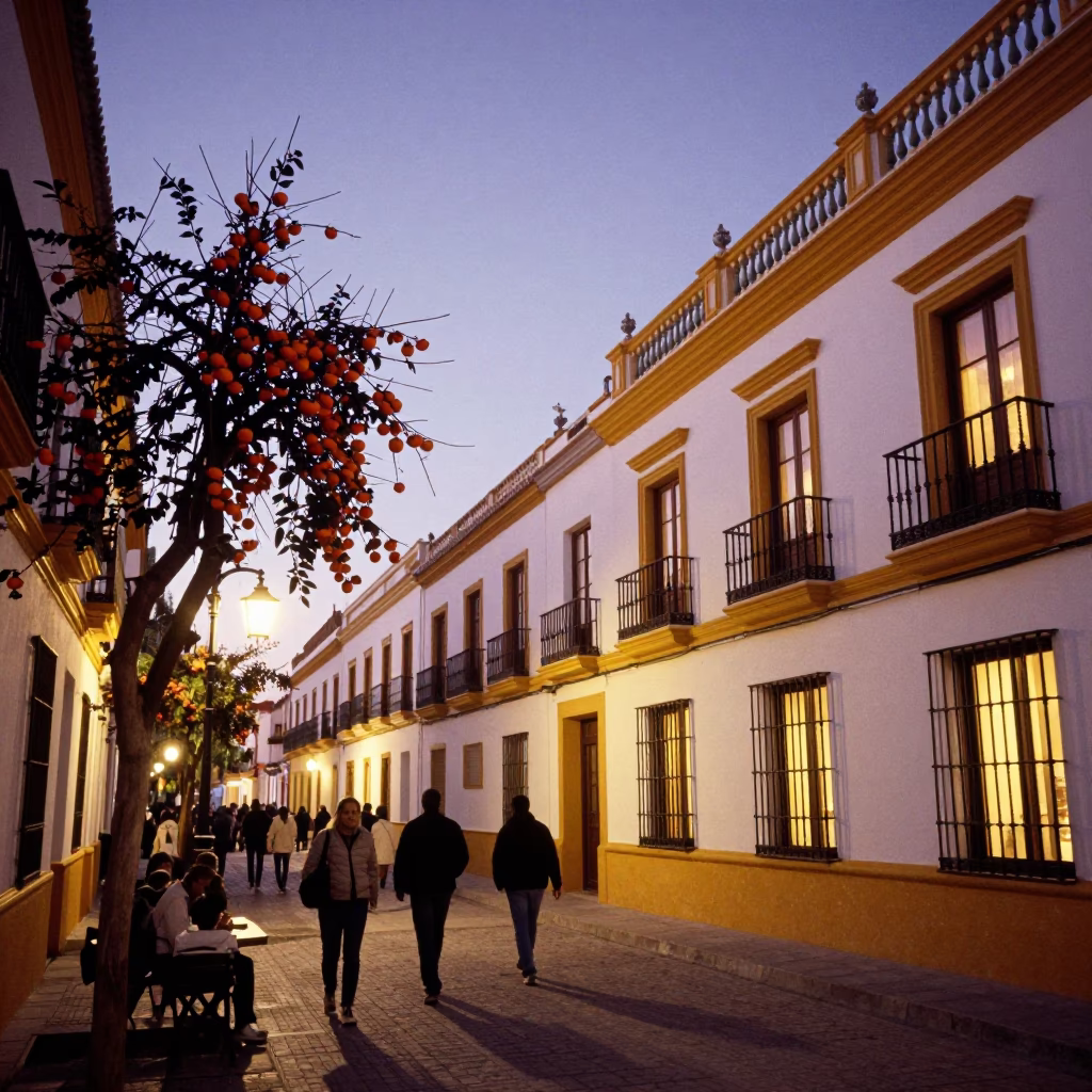 Twilight Street Scene in Seville Spain with Persimmons and Traditional Architecture in in Seville, Spain