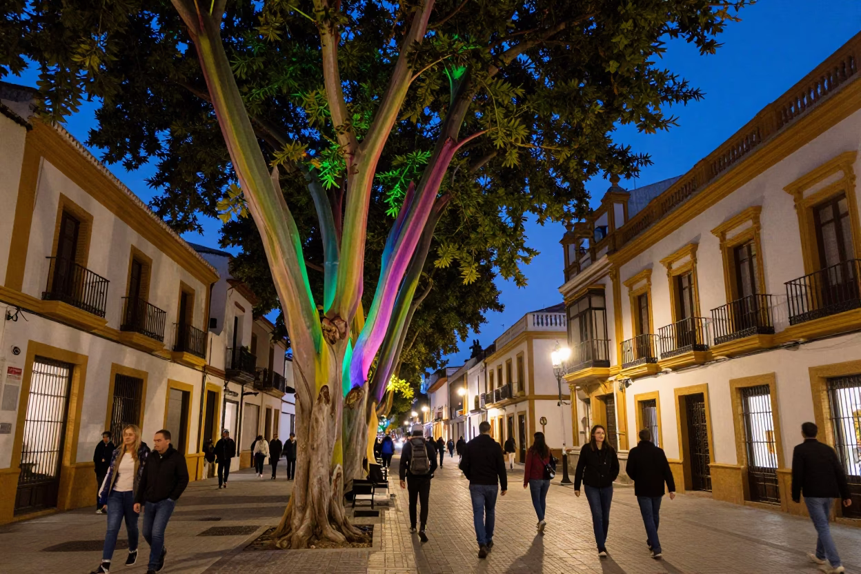 Twilight Street Scene in Seville Spain with Rainbow Eucalyptus Tree and Urban Life in in Seville, Spain