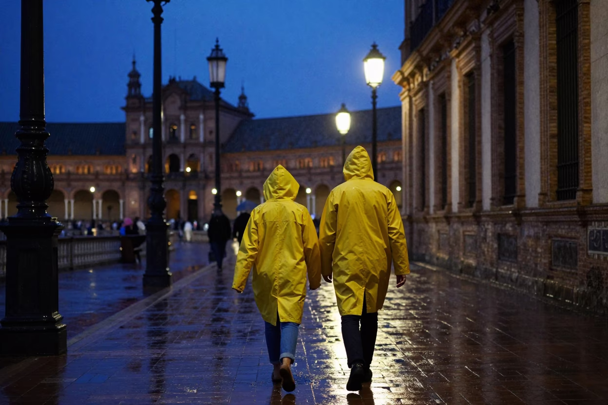 Twilight Street Scene in Seville Spain with Raincoats and Wet Pavement in in Seville, Spain