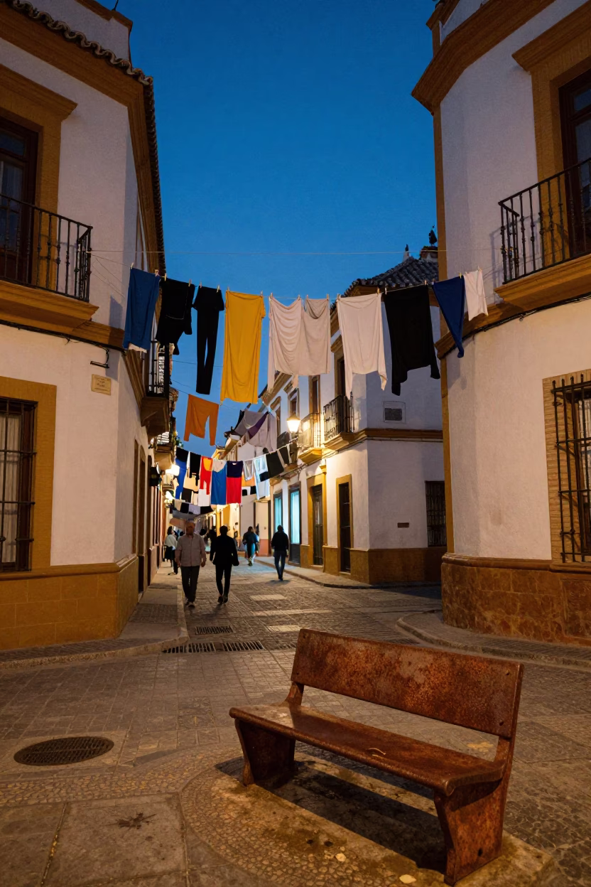 Twilight Street Scene in Seville Spain with Rusty Bench and Laundry Hanging in in Seville, Spain