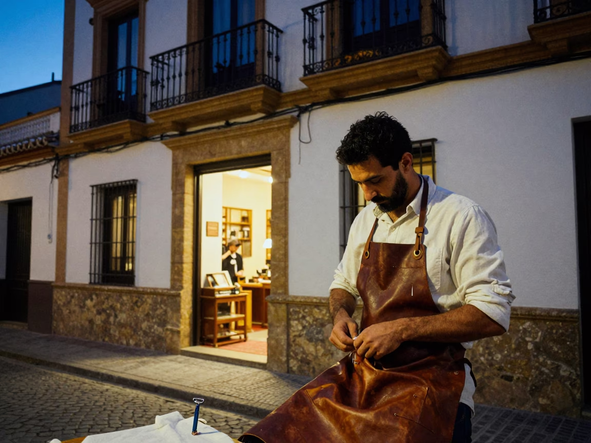 Twilight Street Scene in Seville Spain with Safety Razor and Linen Fringe Details in in Seville, Spain
