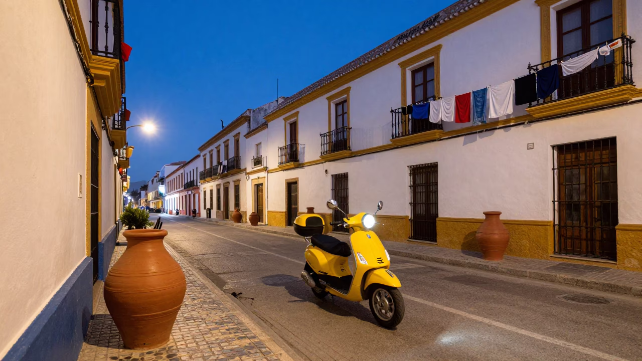 Twilight Street Scene in Seville Spain with Scooter and Clay Pot in in Seville, Spain