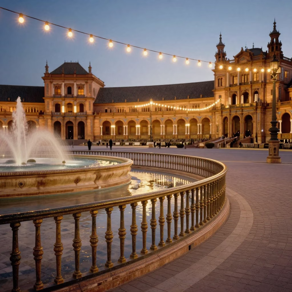 Twilight Street Scene in Seville Spain with String Lights and Polished Brass Rail in in Seville, Spain