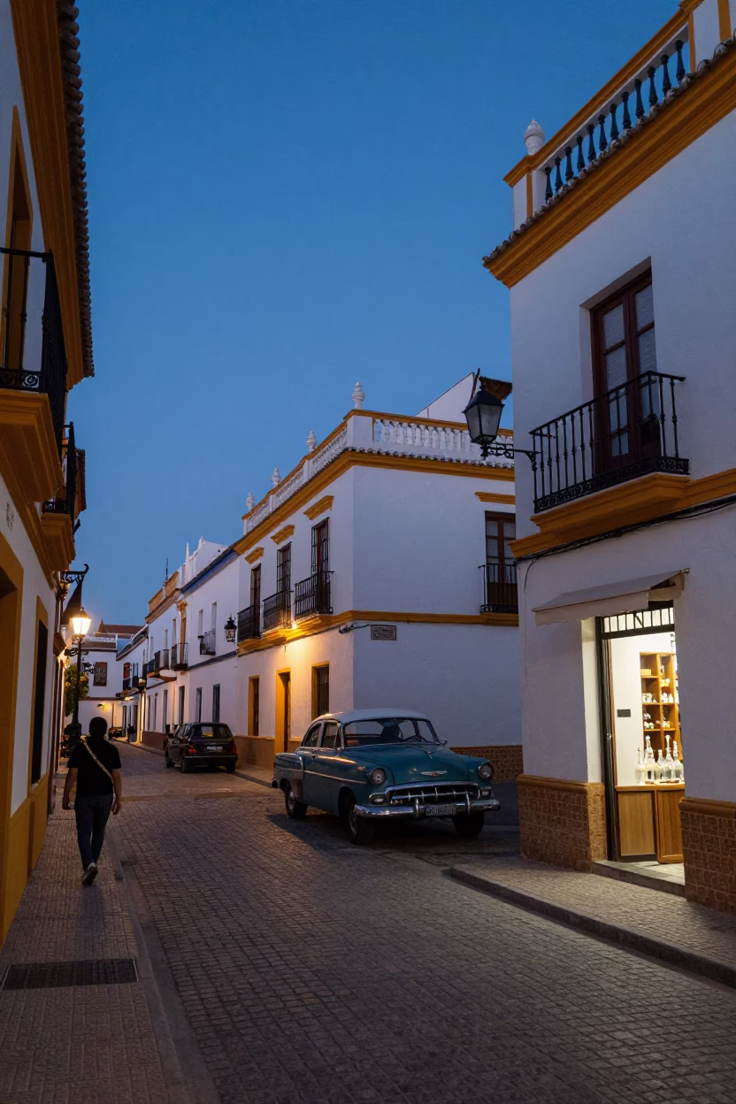 Twilight Street Scene in Seville Spain with Traditional Architecture and Local Activity in in Seville, Spain