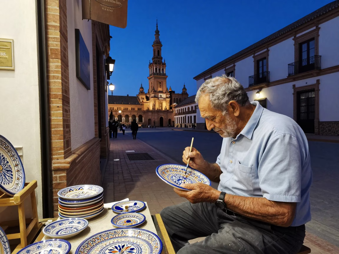 Twilight Street Scene in Seville Spain with Traditional Architecture and Local Life in in Seville, Spain